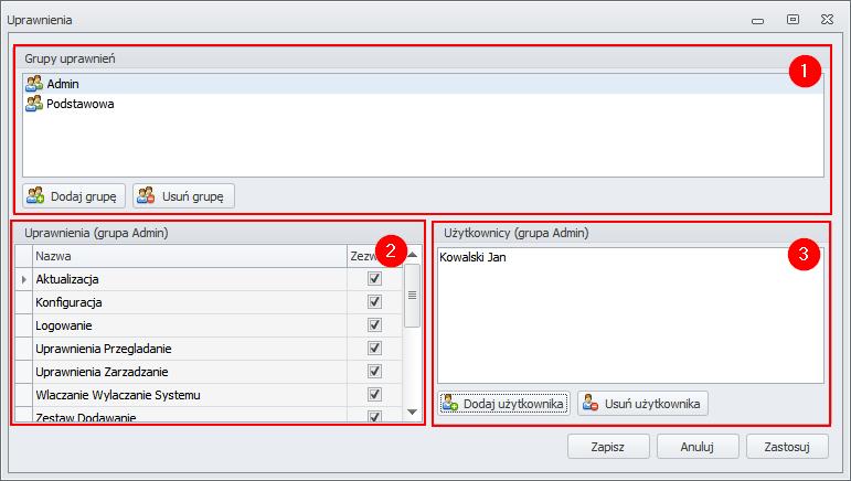 5.3 Uprawnienia Okno tych ustawień pozwala na zmianę uprawnień dla poszczególnych grup użytkowników programu.