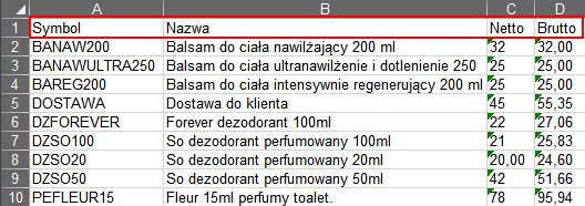 Inne dostępne opcje to: Wczytaj ceny z pliku do programu można wczytać stałe ceny z pliku xls. Plik ten powinien zawierać następujące kolumny: Symbol, Nazwa, Netto, Brutto.