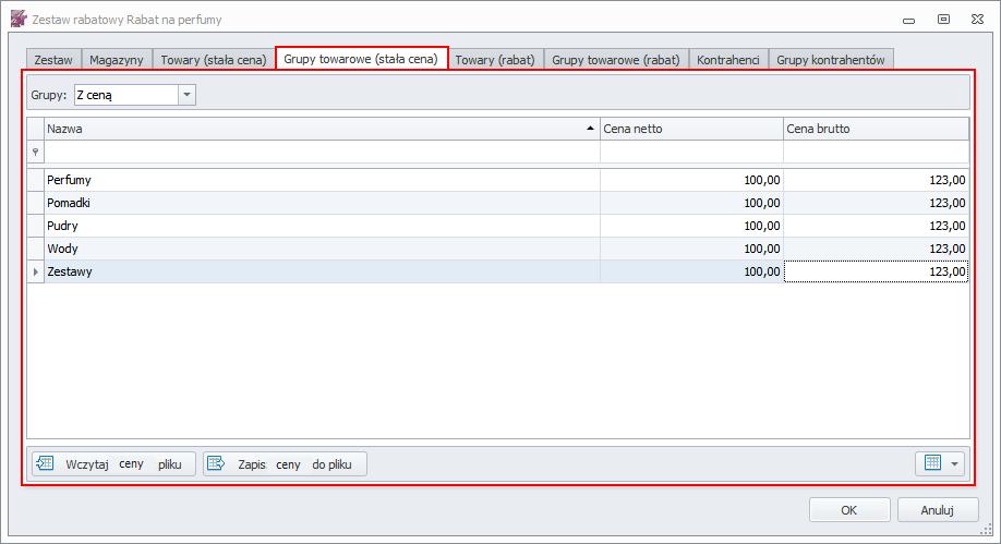 6.1.4 Grupy towarowe (stała cena) W tej zakładce użytkownik, może wprowadzić stałą cenę dla poszczególnych grup towarowych z Subiekta GT.