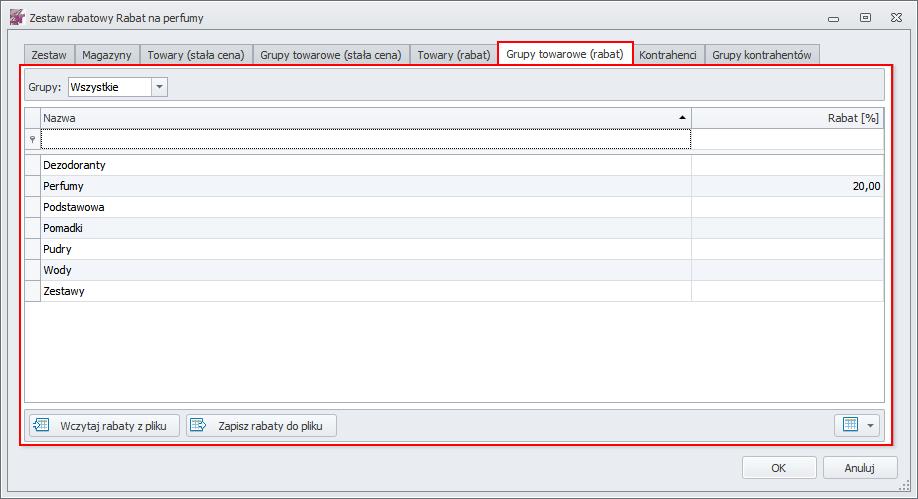 6.1.6 Grupy towarowe (rabat) W tej zakładce użytkownik, może wprowadzić rabat dla poszczególnych grup towarowych z Subiekta GT. W tym celu należy uzupełnić kolumnę rabat [%], w tabeli z listą grup.