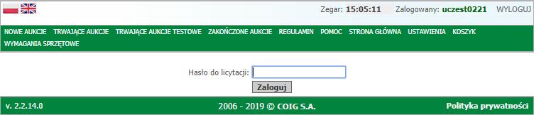 Kolejnym krokiem jest podanie ustalonego podczas pierwszego logowania hasła do licytacji, a następnie wybranie przycisku Zaloguj. UWAGA!