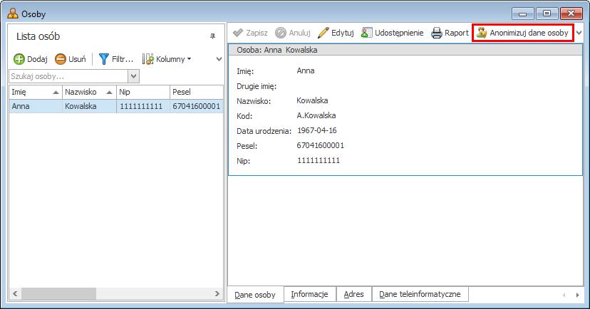 Proces anonimizacji uruchamiany jest z okna kartoteki Osoby na dwa sposoby: Aby zanonimizować dane wszystkich osób kliknij przycisk Anonimizuj wszystkie dane.