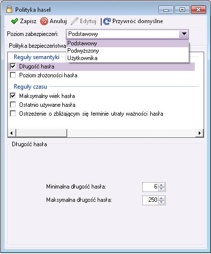 Okno Polityka haseł.