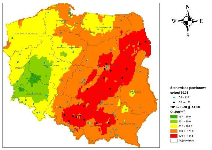 ozonu. Na podstawie serii pomiarowych wybrano terminy, gdy stężenia ozonu były najwyższe i dla tych terminów przedstawiono rozkłady stężeń.