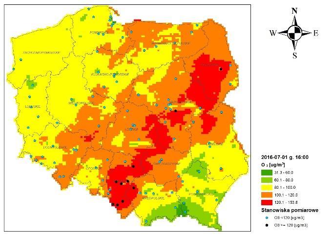 Rysunek 4 Stężenia ozonu w trakcie epizodu -1 lipca 2016 r. o godzinie 16.00 Rysunek 5 Stężenia ozonu w trakcie epizodu 2 lipca 2016 r. o godzinie 14.