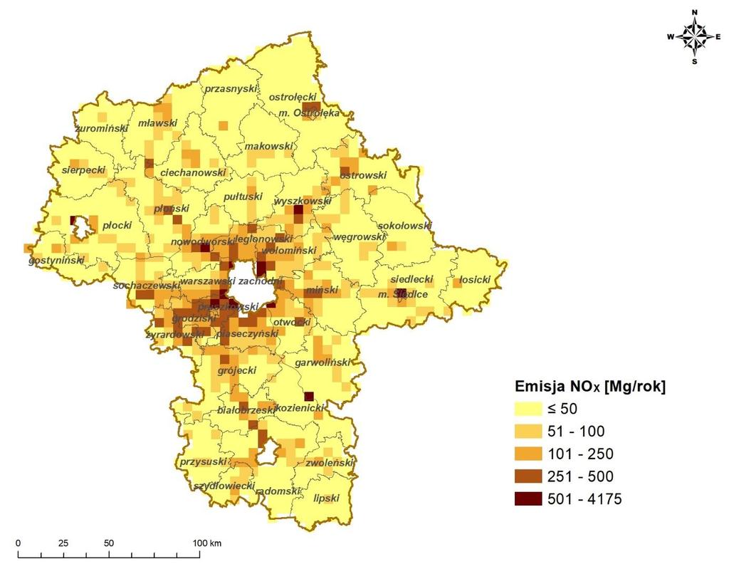 Grupy emisji [tony/rok] [%] Pozostałe źródła 15 985 18,5 Razem 86 493 100,0 Rysunek 47 Udziały źródeł emisji NO 2 w strefie mazowieckiej w 2016 r.