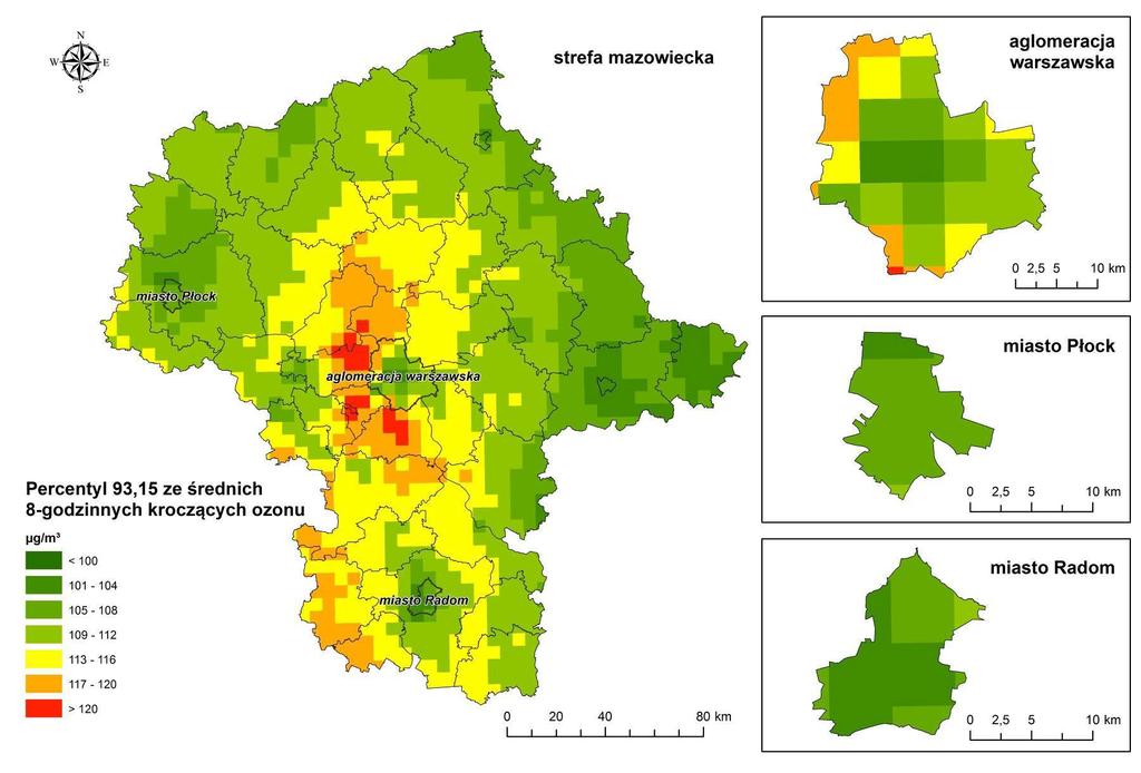 VIII. Wyniki modelowania rozkład przestrzenny stężeń ozonu i jego prekursorów w 2016 r. 1. Wyniki modelowania ozonu.