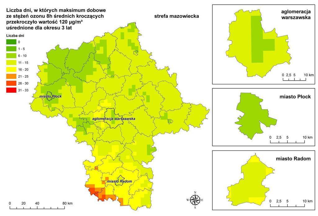 Rysunek 53 Rozkład dni z przekroczeniami poziomu docelowego ozonu w 2016 r.