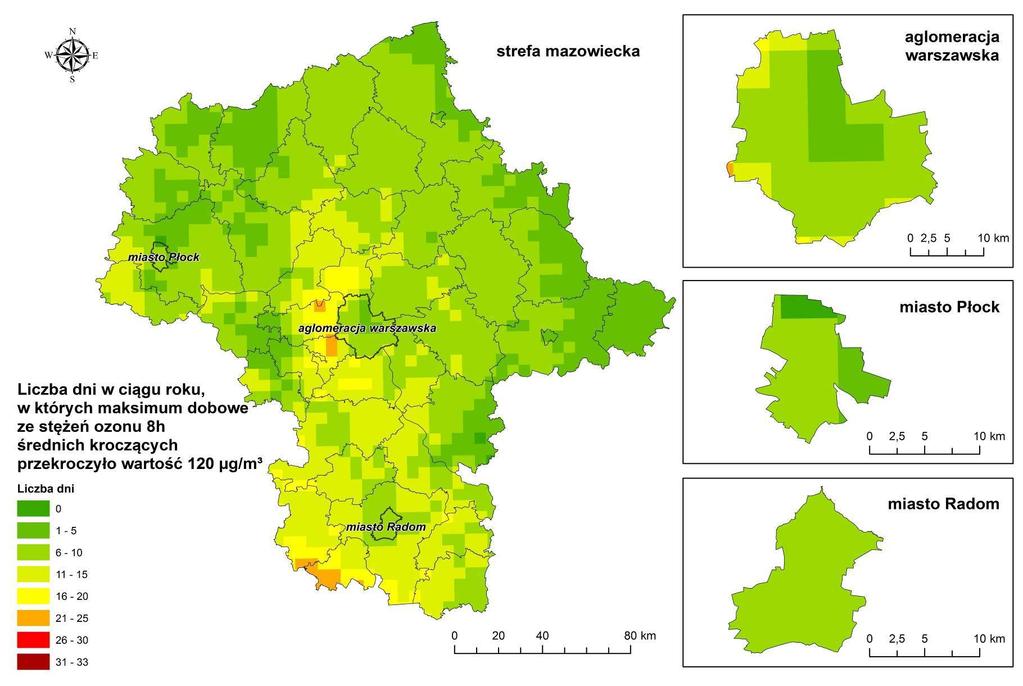 Rysunek 54 Liczba dni, w których maksimum dobowe ozonu ze stężeń średnich 8-godzinnych kroczących przekroczyło wartość 120