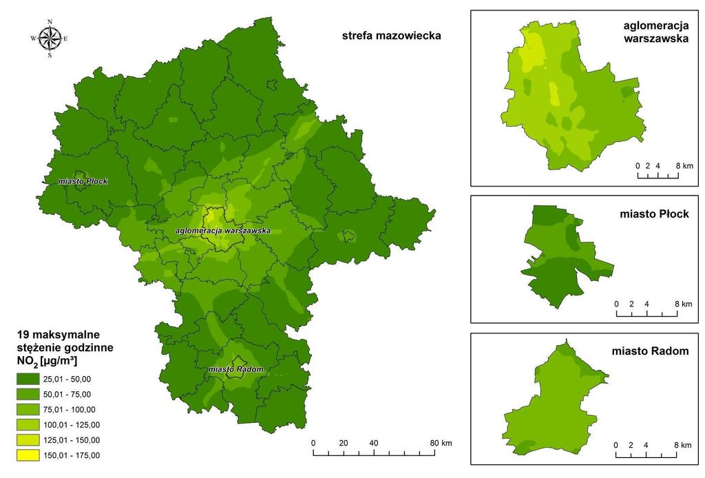 2. Przestrzenny rozkład stężeń ditlenku azotu w 2016 r. Rysunek 55 Rozkład stężeń 1-godzinnych NO 2 w 2016 r.