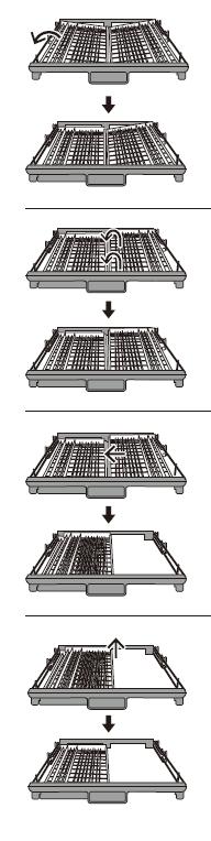Porady dotyczące użytkowania półki na sztućce: Unieść lewą półkę, wyregulować w dolnej pozycji. Lewa półka jest płaska, a prawa w pozycji pochyłej.
