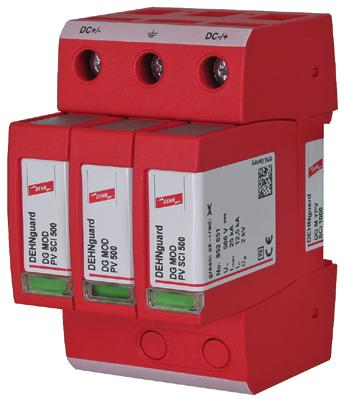DEHNguard M YPV SCI 600 (FM) o napięciu znamionowym do 600 V DC. Wyposażony w 3-stopniowe urządzenie odłączająco-zwierające Obudowa o szerokości 3 modułów TE.