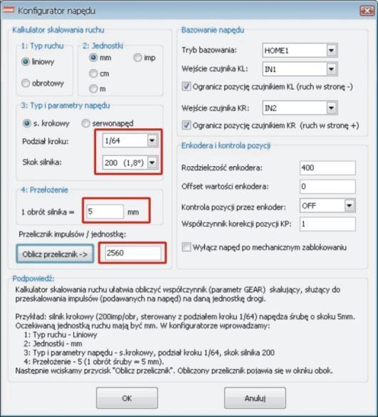 (8) HOME_KR: IN2 Pozostałe parametry są nieistotne dla pracy bez enkodera. Można także skorzystać z kalkulatora napędu (wciskając przycisk Konfigurator).
