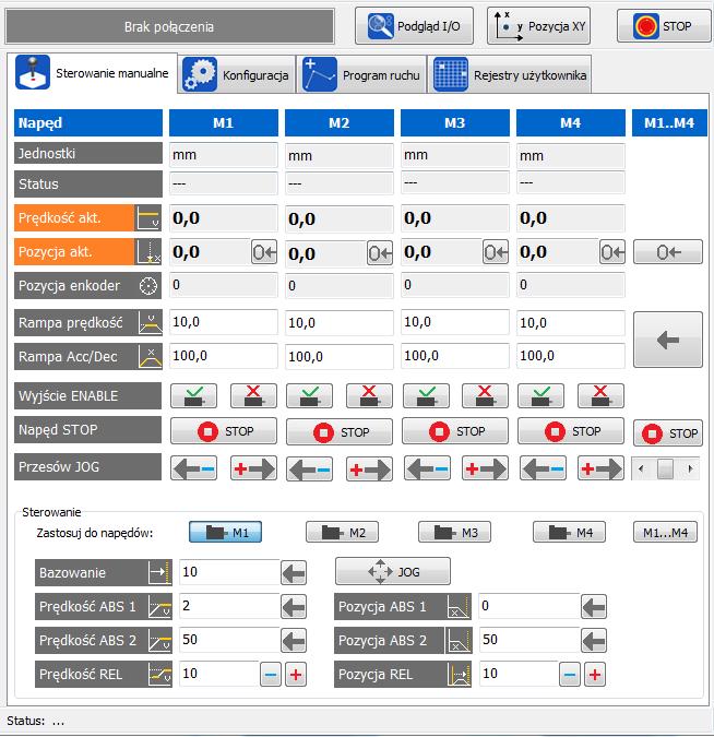 6. Sterowanie manualne i diagnostyka 6.1 Sterowanie manualne napędami Sterowanie manualne pozwala przetestować napędy oraz zadać komendy ruchu dla poszczególnych napędów. 1 2 3 4 Rys.