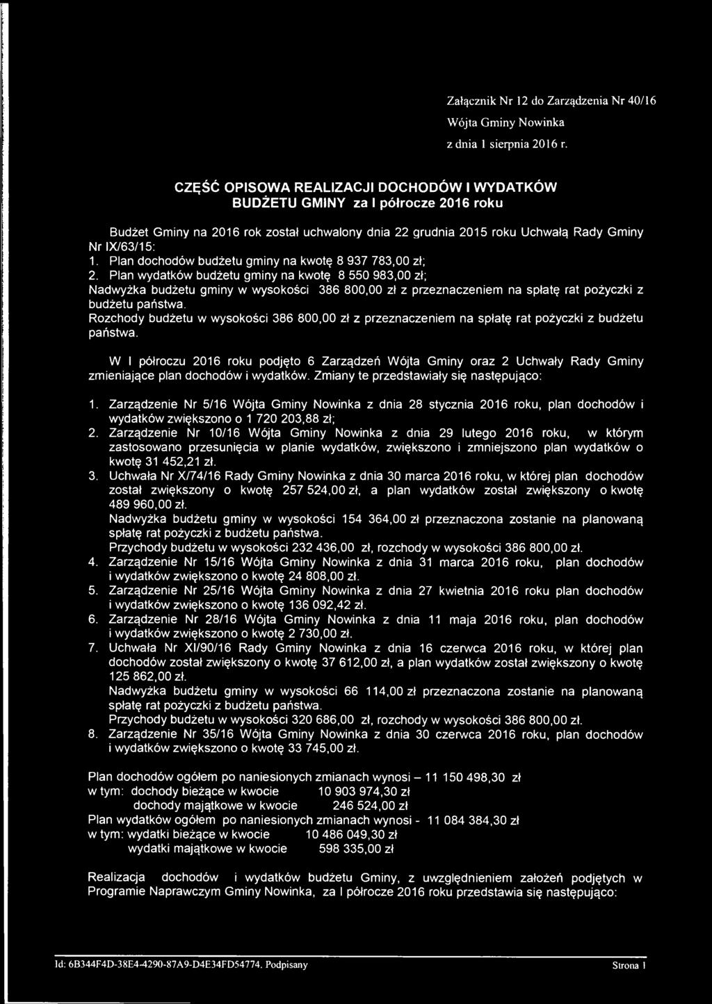 Plan dochodów budżetu gminy na kwotę 8 937 783,00 zł; 2.