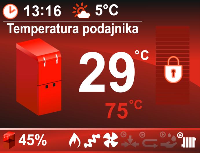 Zwiększenie i zmniejszenie wartości nastawy temperatury CWU dokonujemy za pomocą przycisków i parametr ten widoczny jest na bieżąco na ekranie (wartość 45 C w przykładowym ekranie).