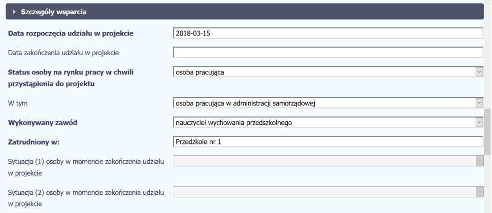 Dopiero po wprowadzeniu daty w polu Data zakoń ze ia udziału w projekcie, ożliwe ędzie od otowa ie rezultatów związa h z u zest i twe w projek ie.