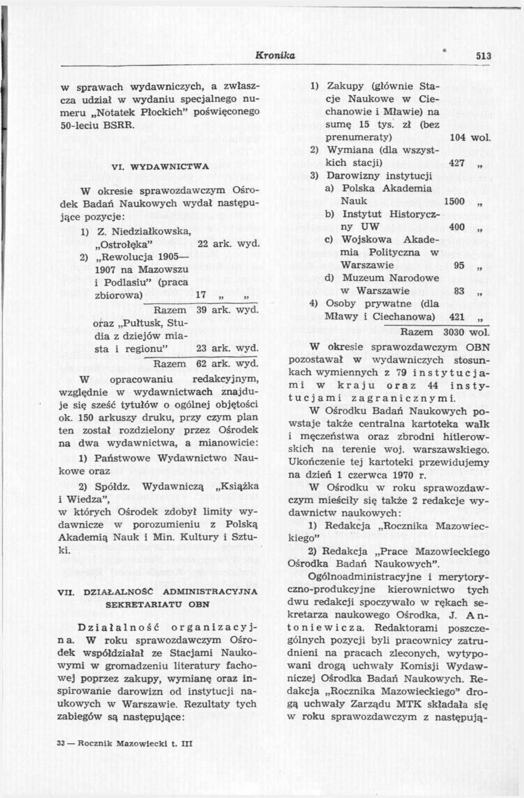 Kronika w sprawach wydawniczych, a zwłaszcza udział w wydaniu specjalnego numeru Notatek Płockich" poświęconego 50-leciu BSRE. VI.