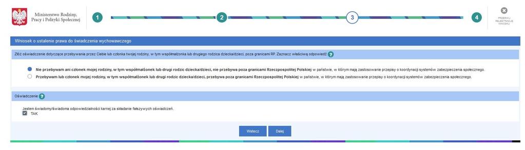 W kroku trzecim zaznacz oświadczenie czy Ty lub członkowie Twojej rodziny przebywają poza granicami