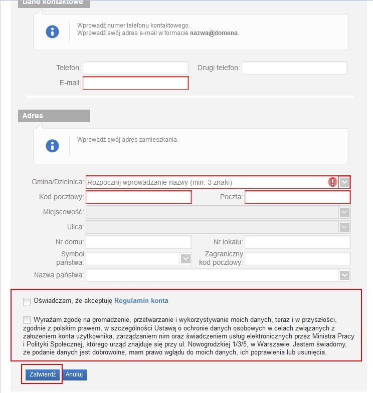 Po wpisaniu wszystkich wymaganych informacji zaznaczamy akceptację Regulaminu konta i wyrażamy zgodę na gromadzenie, przetwarzanie i wykorzystywanie danych w celu obsługi