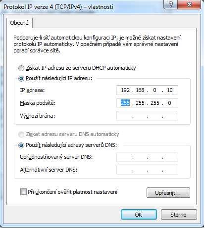 KAPITOLA 3. WI-FI 10 Třetím krokem je nastavení IP adresy PC, ke kterému je router připojen prostřednictvím ethernetu. IP adresu pro PC jsme zvolili 192.168.1.10. Poslední číslo se může zvolit v rozsahu 0 až 255 mimo obsazené adresy.