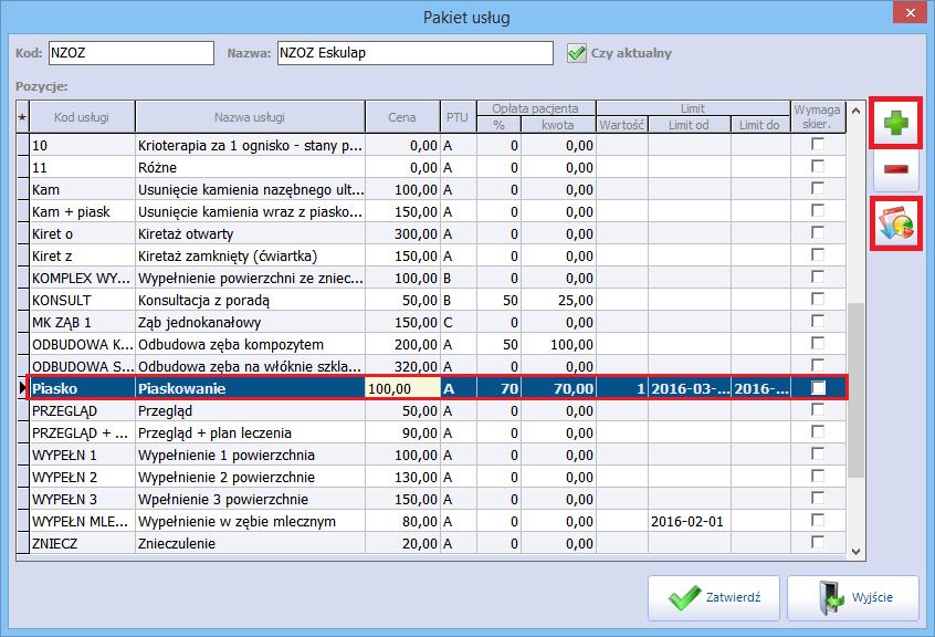 Konfiguracja Modułu Komercyjnego usług istniejącego już w systemie. Aby skopiować pakiet usług należy zaznaczyć go na liście w oknie Katalog pakietów usług, następnie wybrać przycisk Kopiuj.
