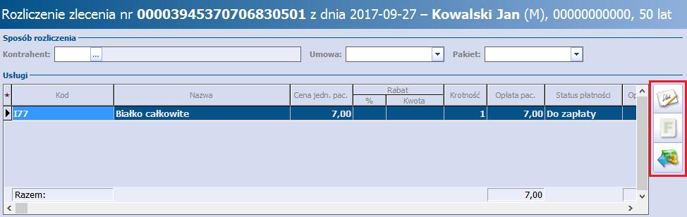 W otwartym oknie Rozliczenie zlecenia nr za pomocą dostępnych ikon dokonać rozliczenia płatności, np.
