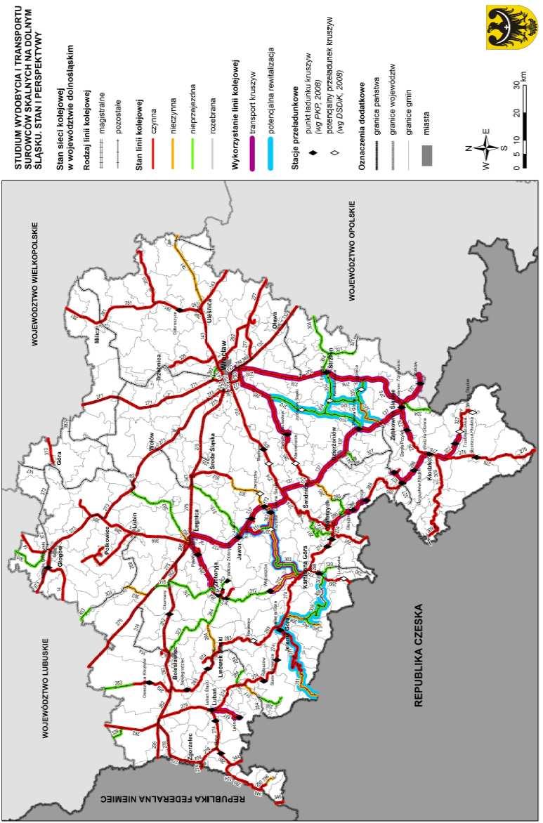 LOGISTYCZNE UWARUNKOWANIA WYWOZU SUROWCÓW... 221 Rys. 3. Sieć kolejowa na terenie Dolnego Śląska Sieć kolejowa na Dolnym Śląsku liczy 1727 km linii kolejowych, w tym 1047 km linii zelektryfikowanych.