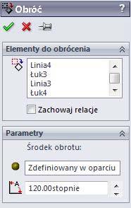 Lista krawędzi do obrócenia Początek układu współrzędnych Kąt obrotu Jako elementy do obrócenia wybieramy kolejne krawędzie szkicu: półkole, dwa odcinki i łuk.