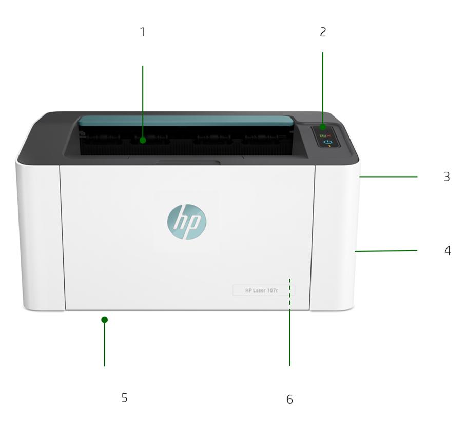 Dane techniczne Przegląd produktu Pokazano drukarkę laserową HP 07r. Odbiornik na 00 arkuszy 2. Panel sterowania LED 3. Port Hi-Speed USB 2.0 4. 20 str./min (A4) 5. Podajnik na 50 arkuszy 6.