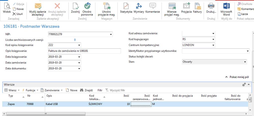 Sporządźmy zamówienie dla przygotowanego towaru (dla przykładu kabel USB) wskazując jako lokalizację docelową magazyn ŚLIWKOWY (należy uzupełnić podstawowe elementy