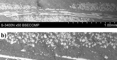 200 M. Kozioł, M. Bator, H. Rydaroski, B. Hekner b) Fig. 7. SEM image of structure of laminate manufactured by RTM: magnification 50x, visible gas void of about 0.