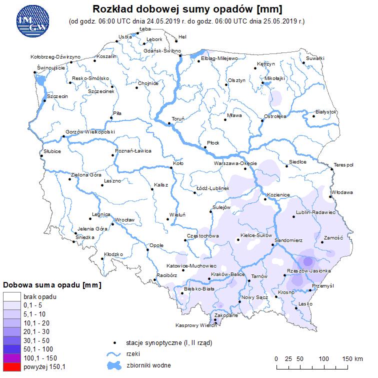 Ryc. 2 Stan wody w rzekach 25.05.2019 o godzinie 17:00 Czasu Urzędowego.