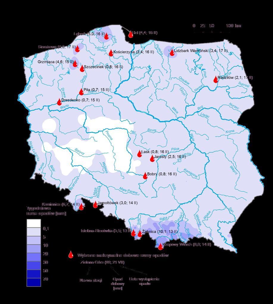3. Rozkład tygodniowej sumy opadów oraz wybrane maksymalne