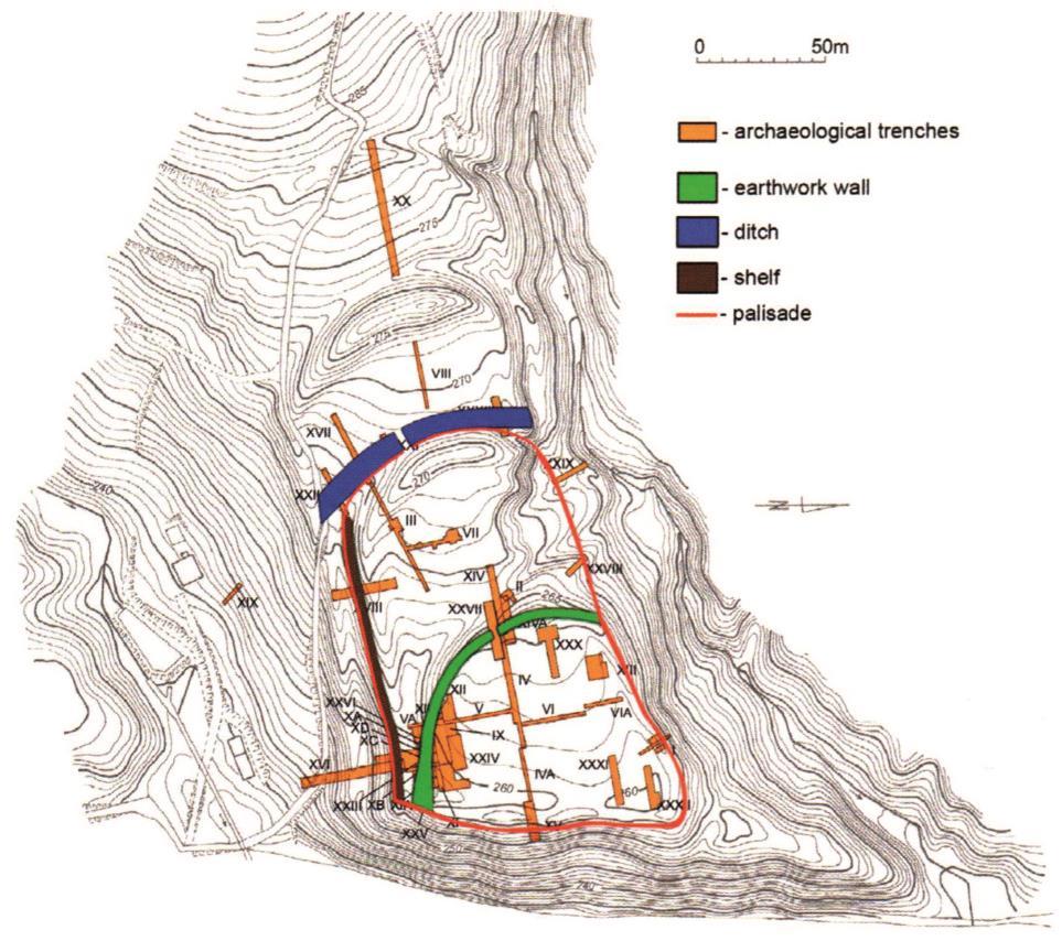 layer; d culture layer of older OFC settlement; e beams of the base of younger OFC earthwork; f embankment of younger OFC earthwork; g culture layer of younger OFC settlement; h rain-wash from the