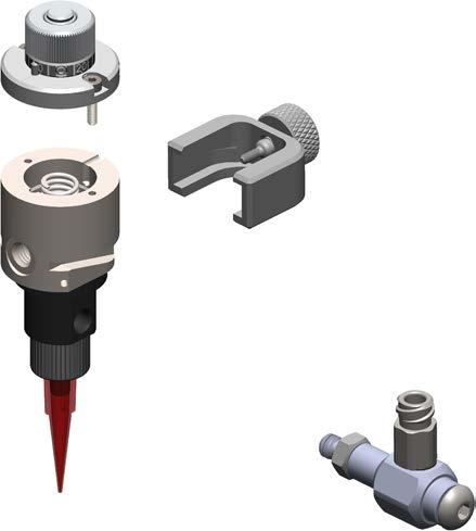 Charakterystyka Uchwyt mocujący do cylindra strzykawkowego Regulowany kapturek z gałką regulacji skoku dla dodatkowej kalibracji Gałka regulacji skoku siłownika zaworowego BackPack Elektrozawór
