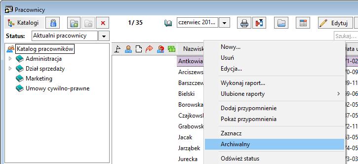 2.8.2 Zmiana aktywności pracowników w programie Sage Kadry i Płace Operacja zmiany aktywności pracowników w programie określana jest mianem przeniesienia do archiwum i wykonywana jest poleceniem