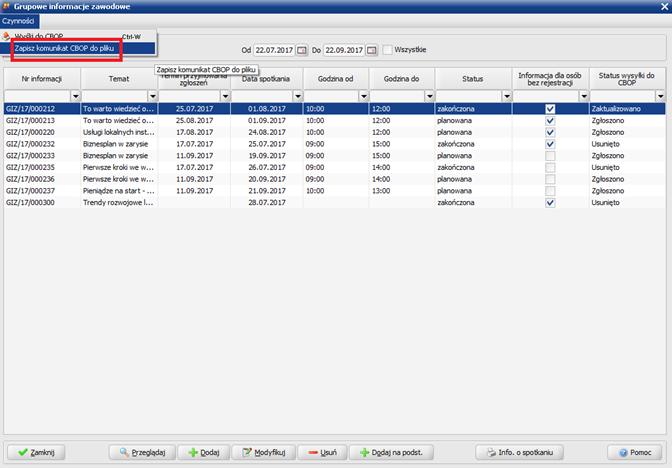 Grupowe informacje zawodowe (CPK1030L) pozycja menu Zapisz komunikat CBOP do pliku : Zapis komunikatu do pliku tekstowego, po wyborze dodanych pozycji menu, jest możliwy przez wprowadzenie