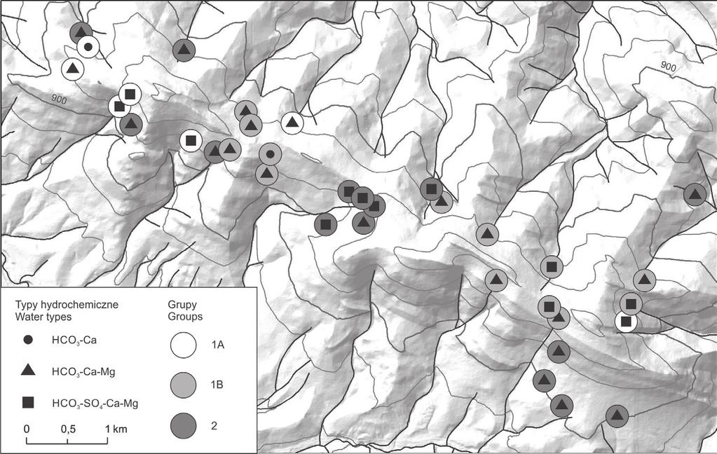 216 ROCZNIKI BIESZCZADZKIE 26 (2018) Ryc. 7. Typy hydrochemiczne oraz wydzielone grupy źródeł. Fig. 7. Water types of spring water and groups of springs.