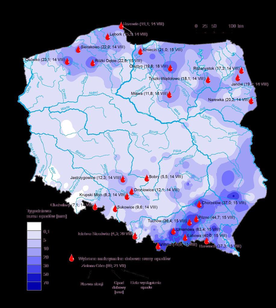 3. Rozkład tygodniowej sumy opadów oraz wybrane maksymalne