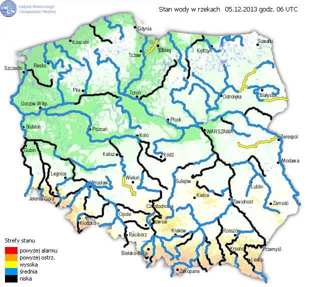 INFORMACJE HYDROLOGICZNO METEOROLOGICZNE Stan wody na głównych rzekach Polski Prognoza pogody dla Polski na dzień 06.12.2013 r.