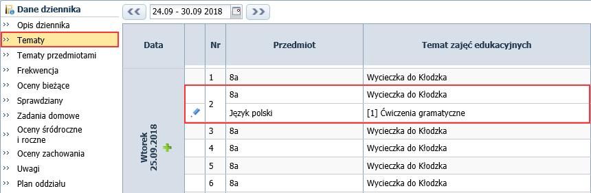 W tabeli tematów, w terminie odbywania zajęć powinny wyświetlać się dwa wpisy: - informacja o wycieczce oddziału, - temat zajęć zrealizowanych z uczniami niebiorącymi udziału w wycieczce.