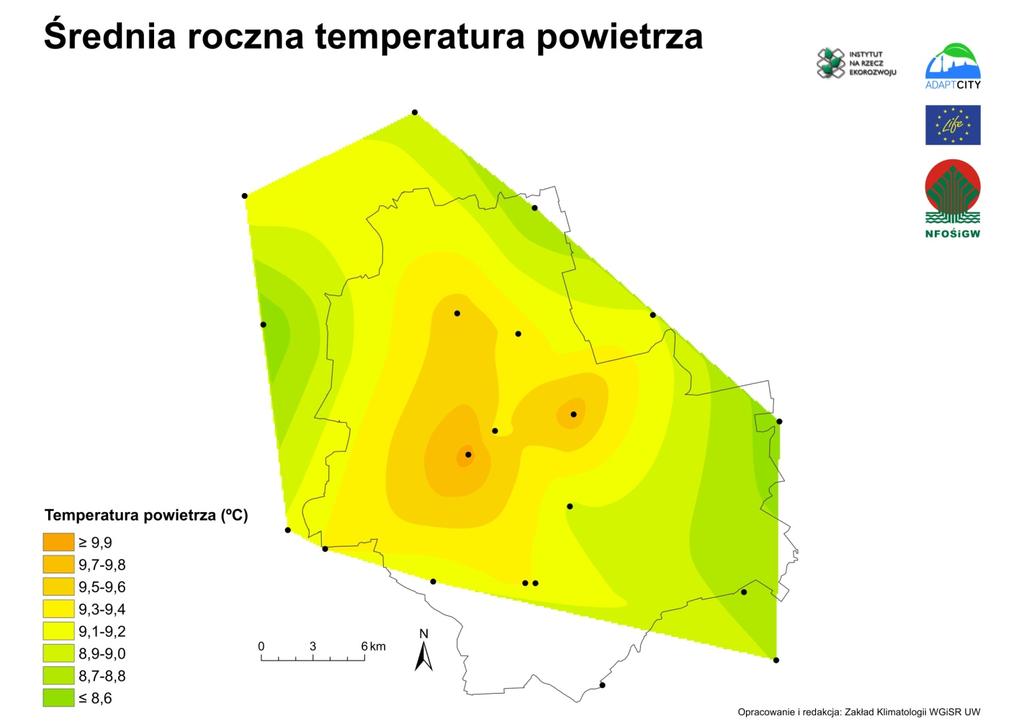 Mapy klimatyczne O intensywności miejskich wysp ciepła decydują: wielkość i gęstość zabudowy, misja ciepła antropogenicznego, położenie geograficzne,