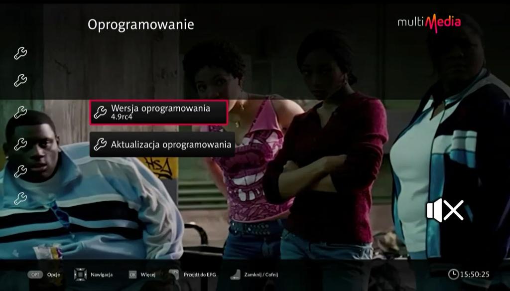Aby sprawdzić aktualną wersję oprogramowania, należy zaznaczyć Oprogramowanie i zatwierdzić przyciskiem OK na pilocie.