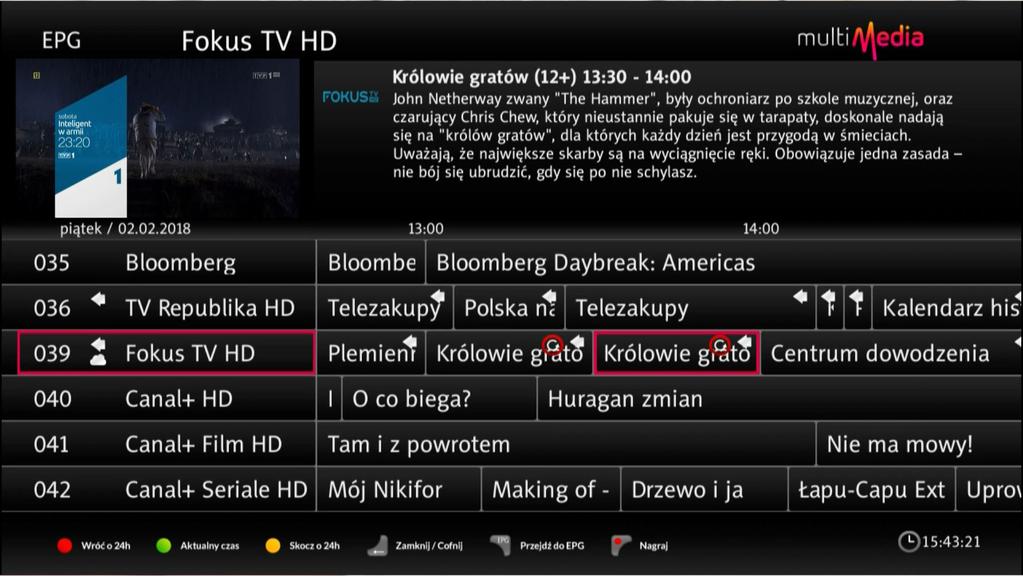 Przewodnik po programach EPG Po naciśnięciu na pilocie dekodera przycisku EPG (Program TV) włącza się tryb elektronicznego