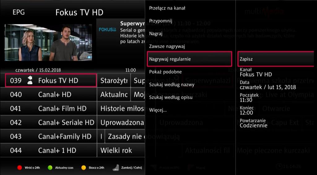 Nagrywanie regularne Jeżeli chcemy zaplanować nagrywanie cykliczne, które będzie wykonywane np. we wszystkie dni robocze w godzinach 17:00-17:15, możemy skorzystać z funkcji Nagrywanie regularne.