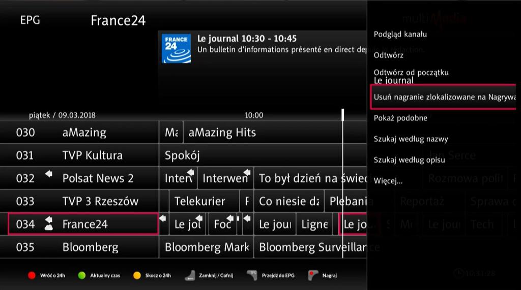 Jeżeli zmieniliśmy zdanie i chcemy zrezygnować z nagrywania pozycji, którą zaznaczyliśmy w EPG, należy ją