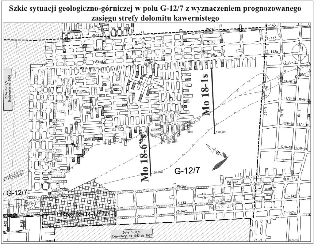 4. Charakterystyka strefy występowania dolomitu kawernistego w polu G-12/7 Zasięg występowania dolomitu kawernistego na bieżąco określano w oparciu o profilowanie wyrobisk górniczych oraz rdzenie z