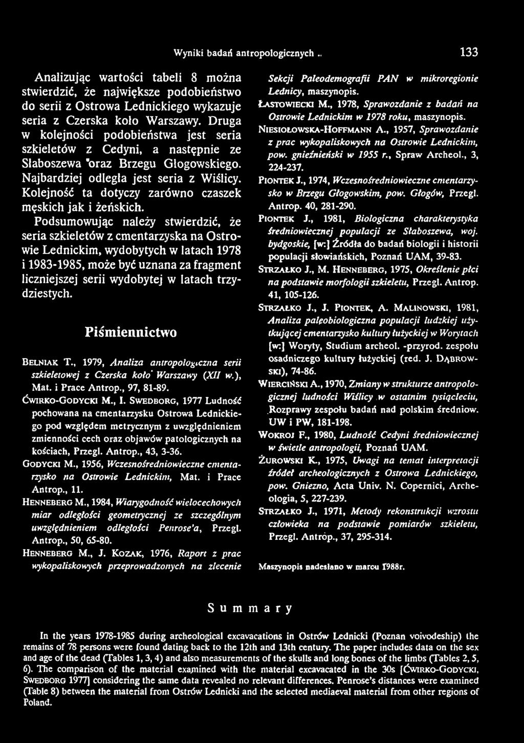 Wyniki badań antropologicznych.. 133 Analizując wartości tabeli 8 można stwierdzić, że największe podobieństwo do serii z Ostrowa Lednickiego wykazuje seria z Czerska kolo Warszawy.
