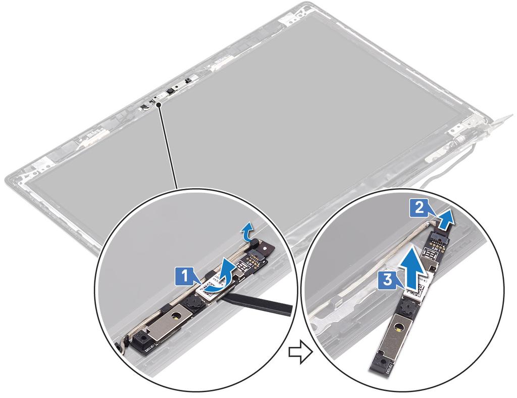 5 Wymontuj kartę sieci WLAN. 6 Wymontuj zestaw wyświetlacza. 7 Wymontuj osłonę wyświetlacza. 8 Wymontuj panel wyświetlacza.